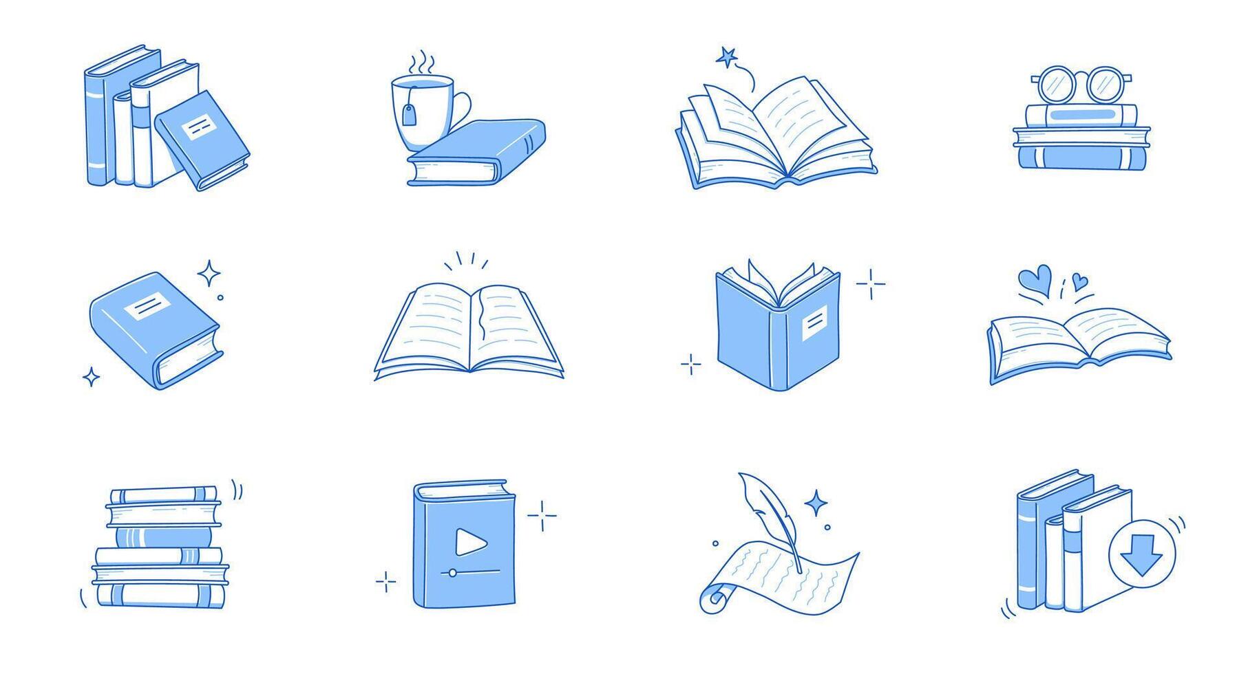 Book line doodle icon set. Hand drawn sketch doodle style line icon book, diary. Open library, reading, school education doodle concept icon. Blue pen line stroke. vector