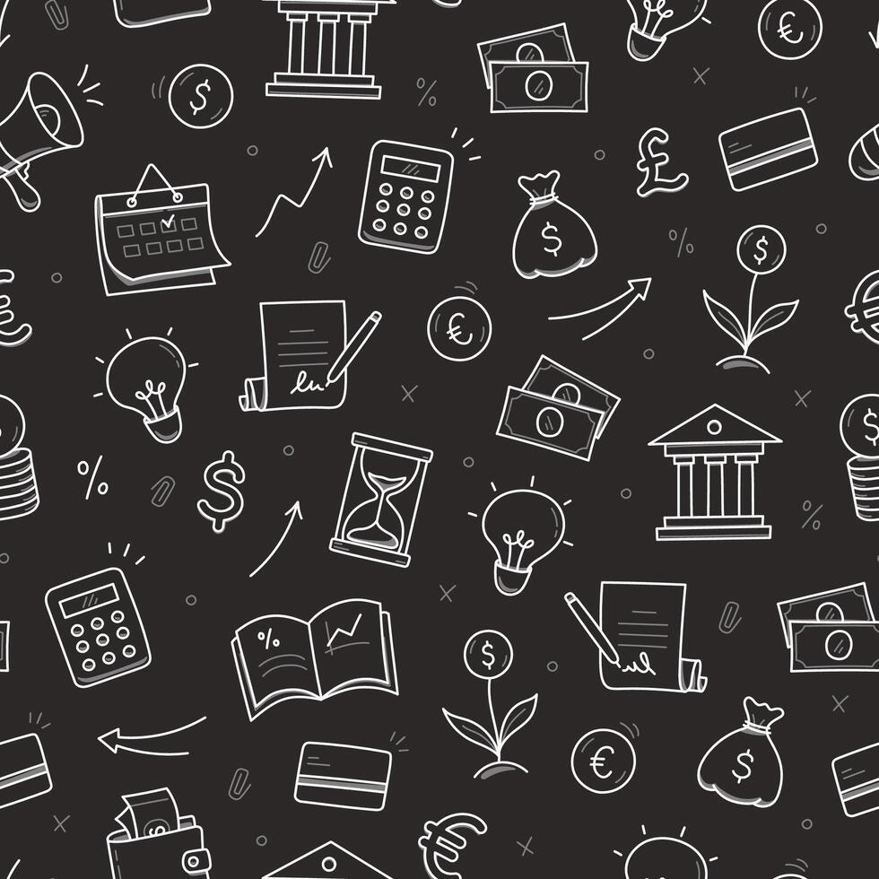 Money, business doodle seamless pattern background. Bank profit, money economy, finance doodle sketch style pattern with coin, megaphone, calculator element vector