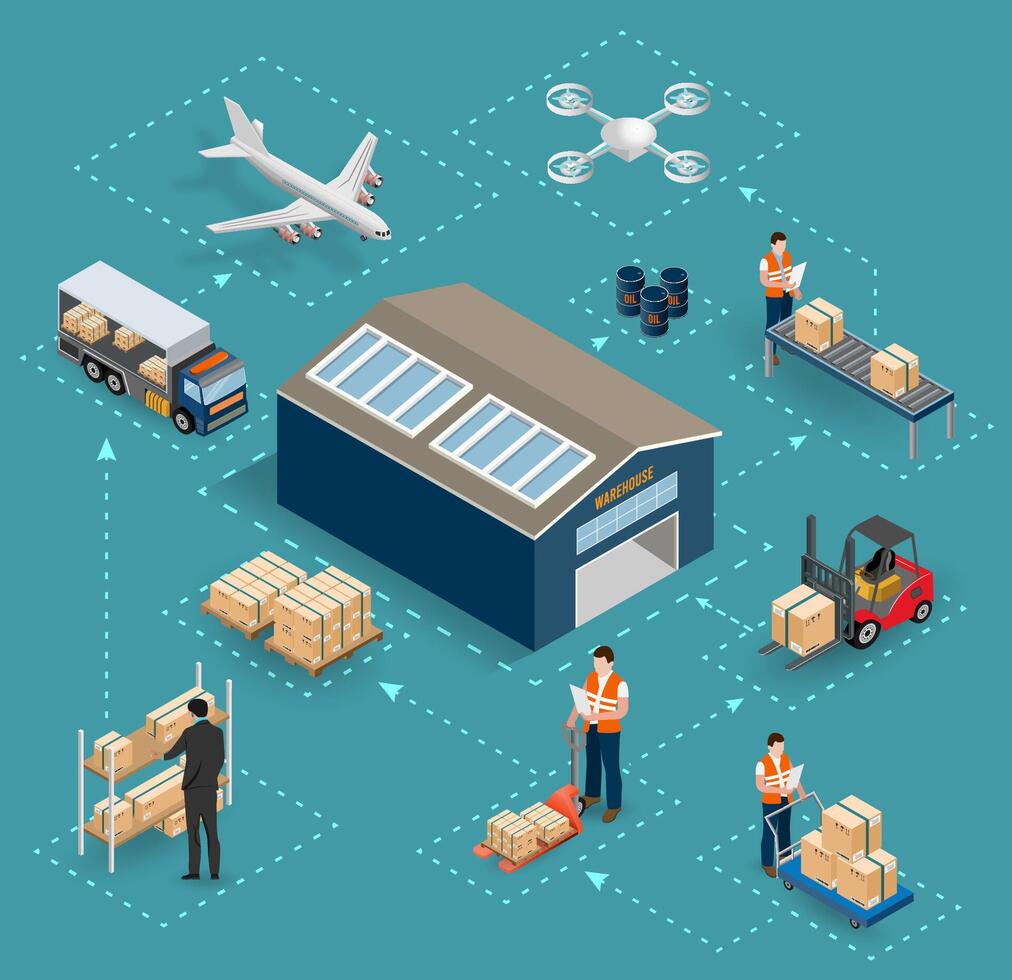 Warehouse logistics with drones and trucks vector