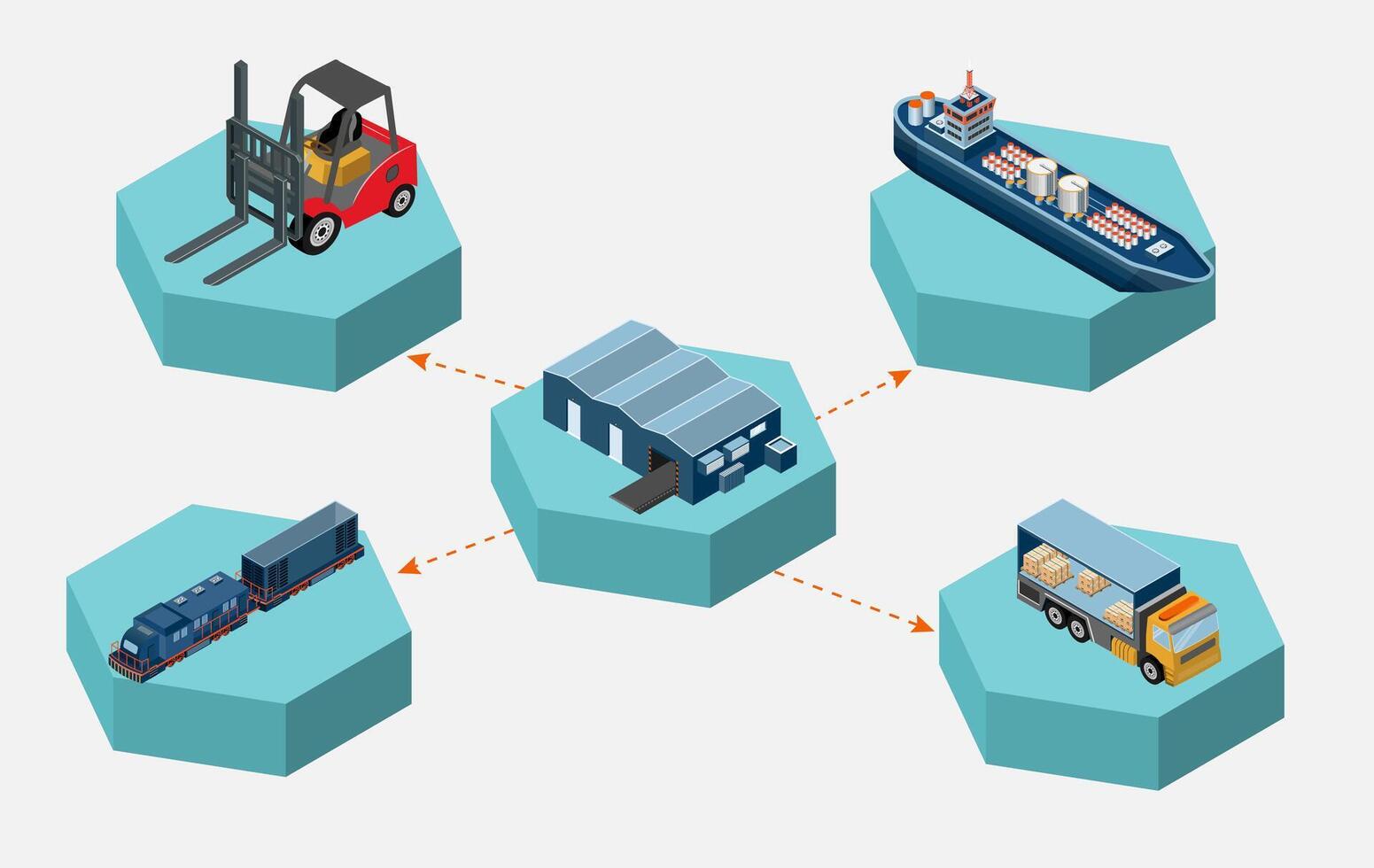 Logistics vehicles and warehouse connection diagram vector