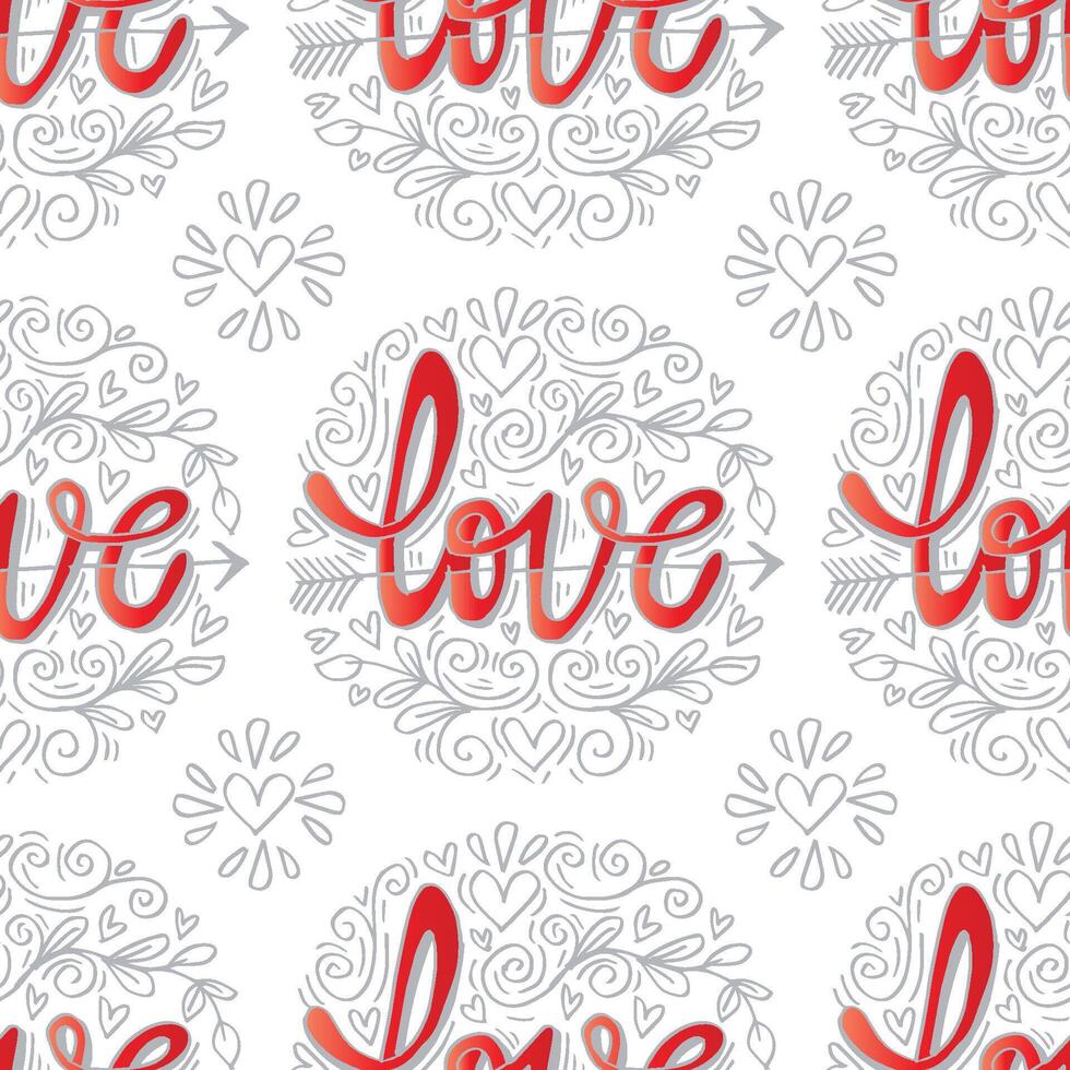 Seamless pattern with hearts, floral and the words love. vector