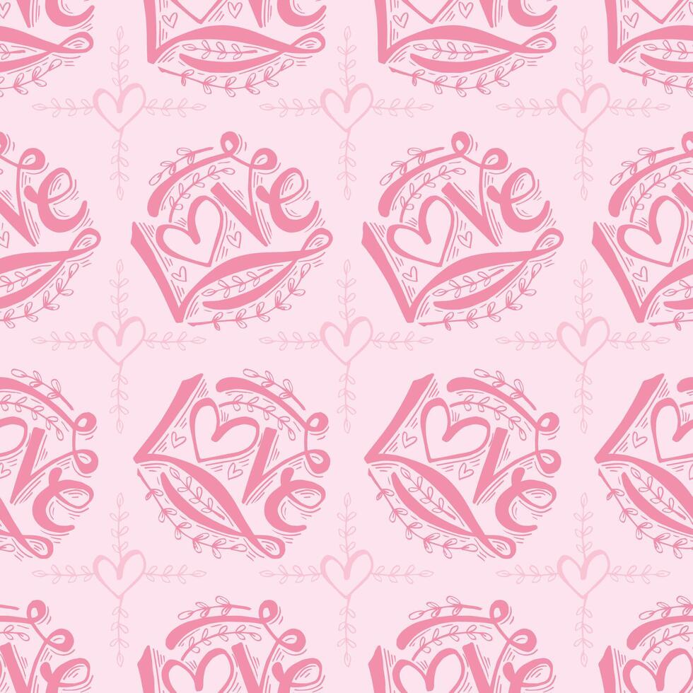 Seamless pattern with hearts and the words love. Pink background. vector