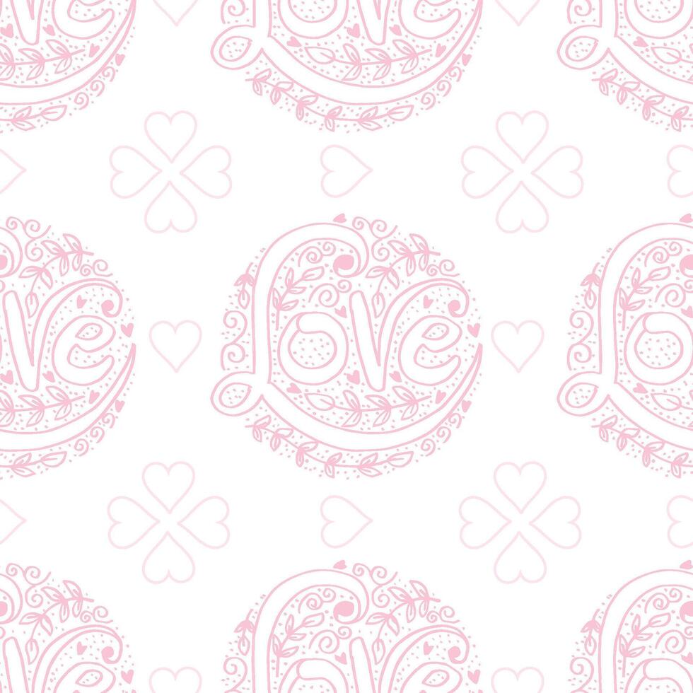 Seamless pattern with hearts and the words love on white background. vector