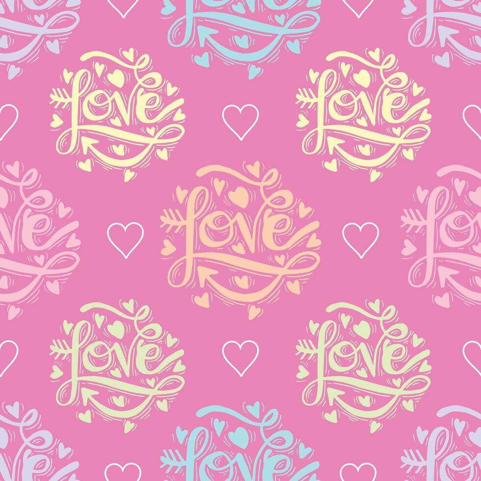 Seamless pattern with hearts and the words love on pink background. vector