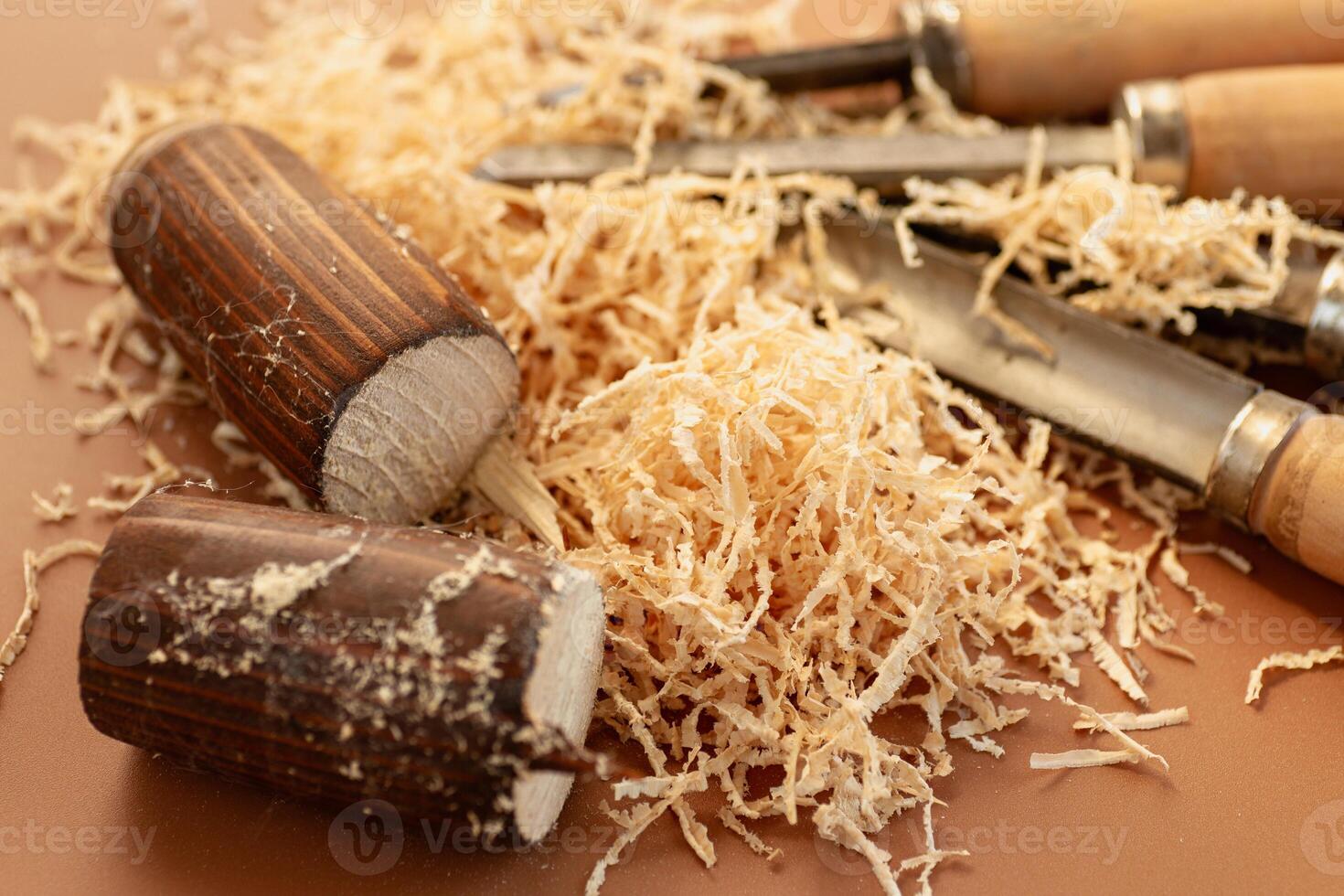 Workshop with tools on brown background photo
