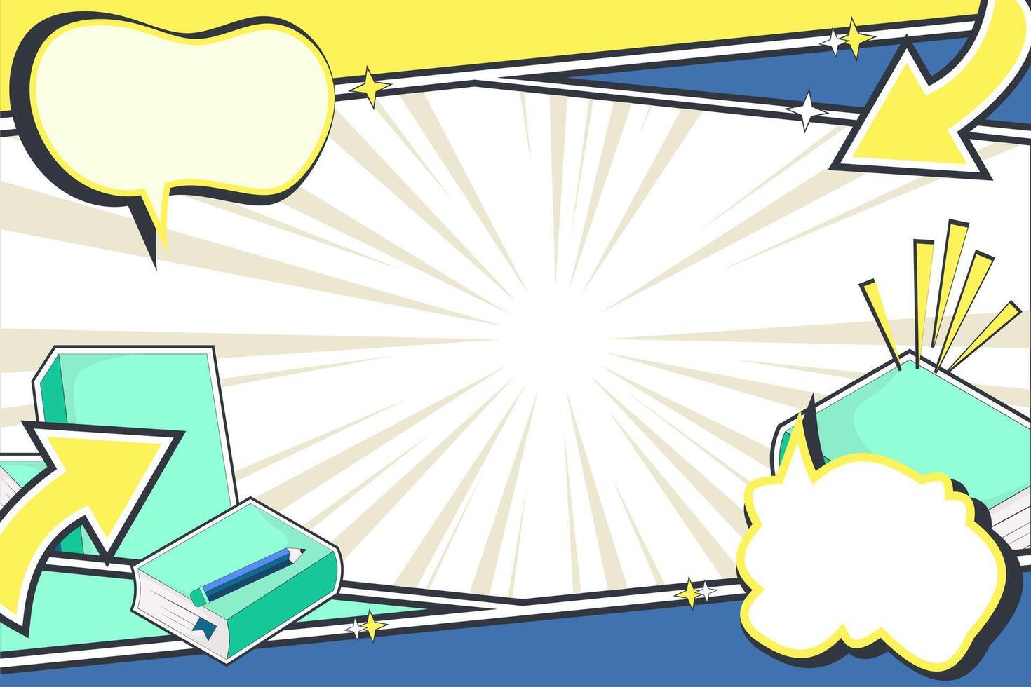 Colorful Comic Panel Template with Books and Speech Bubble. Versatile Layout for Creative Projects, Pastel Pop Art Comic Background vector