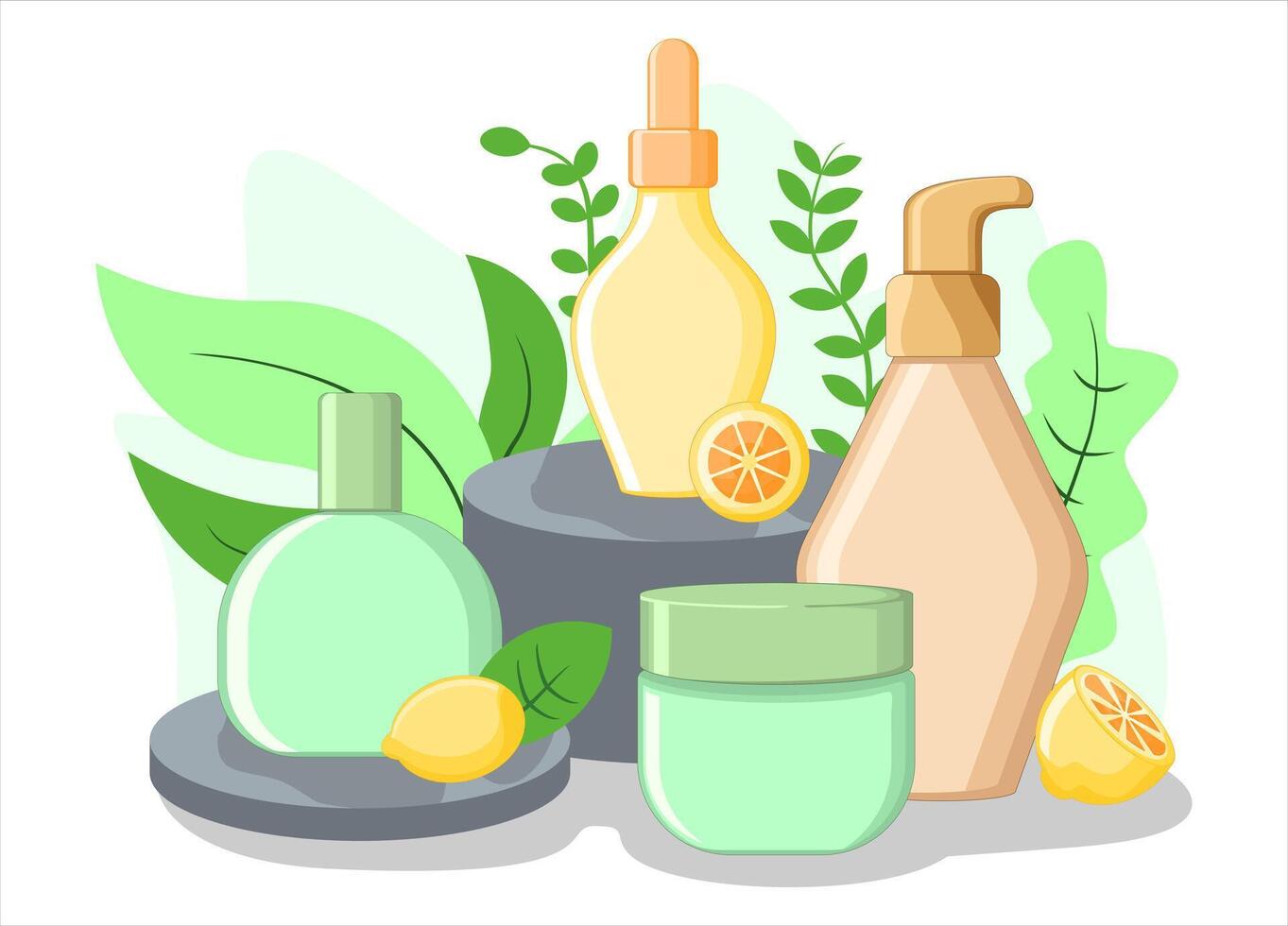 Cosmetic Product Mockup with Natural Elements, Natural Skincare Product with Citrus and Leaves. Perfect for Social Media, Branding, and Product Packaging vector
