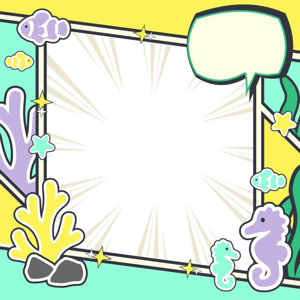 Summer Ocean Comic Template. Marine Life Poster Frame for Environmental Social Media Content vector