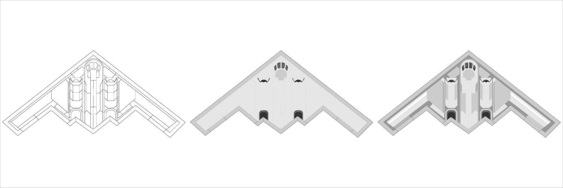 Isometric Top View of B2 Stealth Bomber with Geometric Shadow. Military Aircraft Illustration, set icon vector