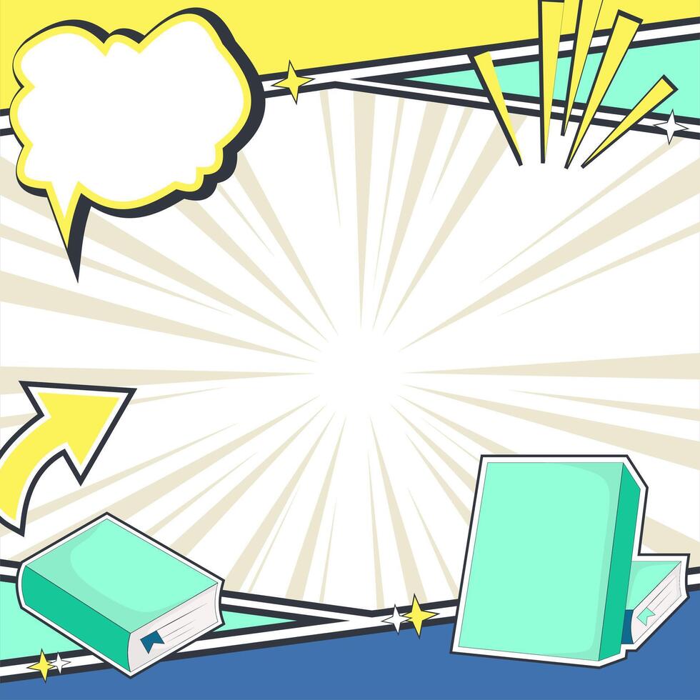 Comic Panel Template with Books and Speech Bubble. Versatile Layout for Creative Projects, Pastel Pop Art Comic Background. Blank Comic Layout and School Icons vector