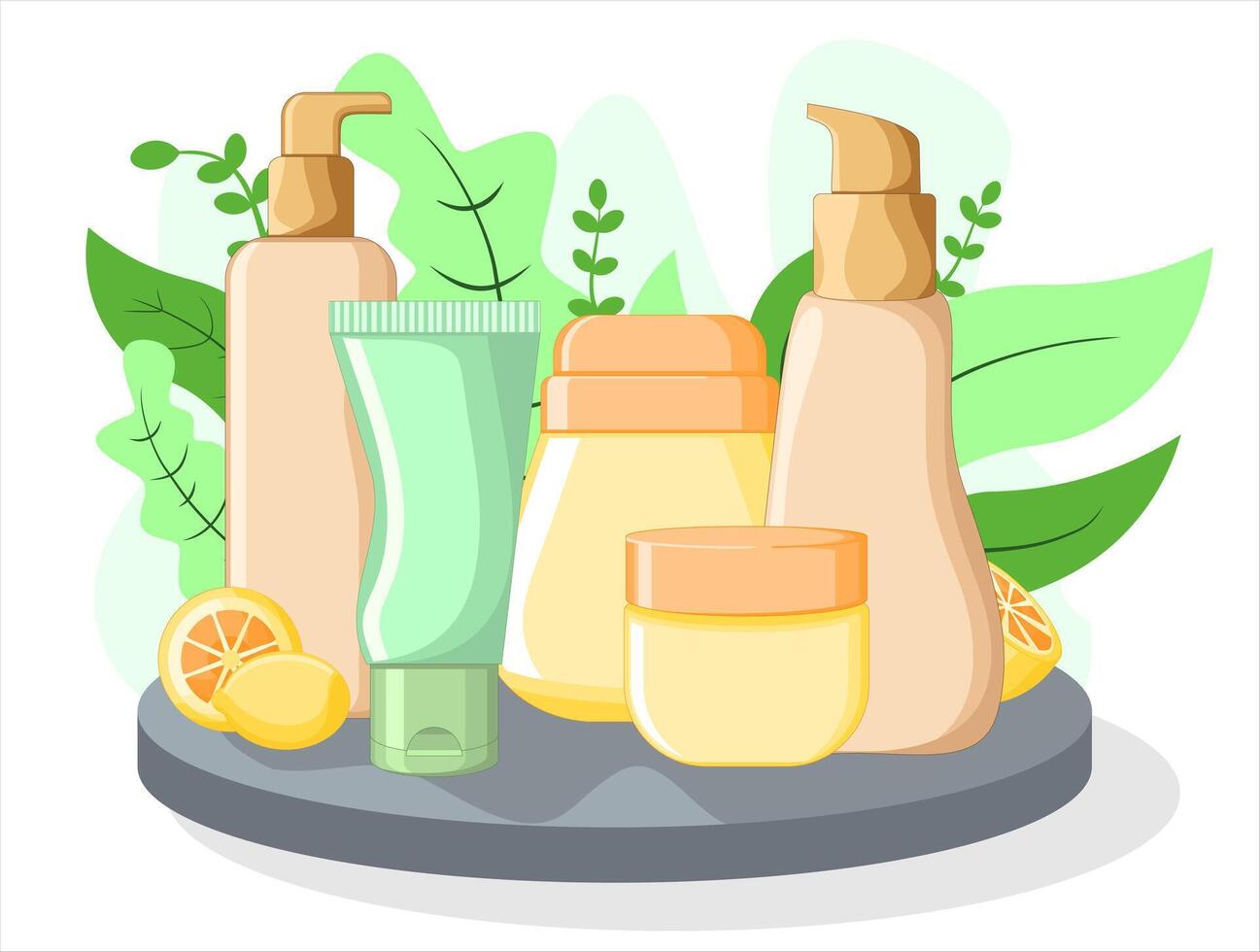 Organic Beauty Products Set, Natural Skincare Product with Citrus and Leaves. Perfect for Social Media, Branding, and Product Packaging vector