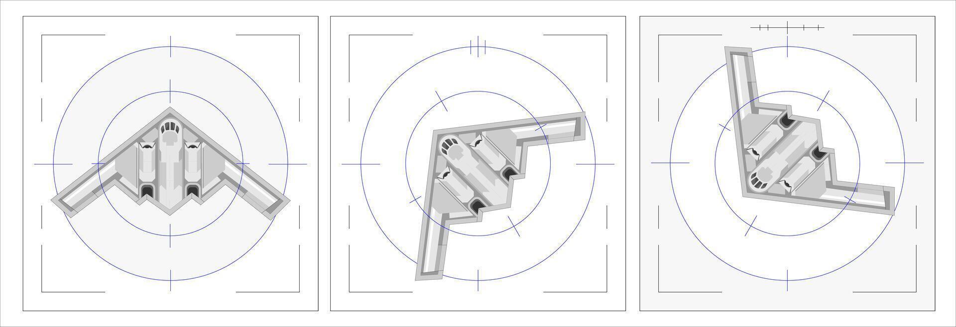 Illustration of B2 Stealth Bomber in Target Lock Scope . Futuristic Military Aircraft Top View with Combat Radar HUD Overlay, Top View B2 Bomber with Blue Radar Overlay, set icon vector