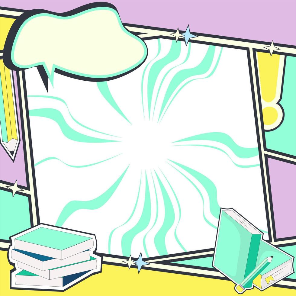 Colorful Comic Panel Template with Books and Speech Bubble. Versatile Layout for Creative Projects, Pastel Pop Art Comic Background. Blank Comic Layout vector