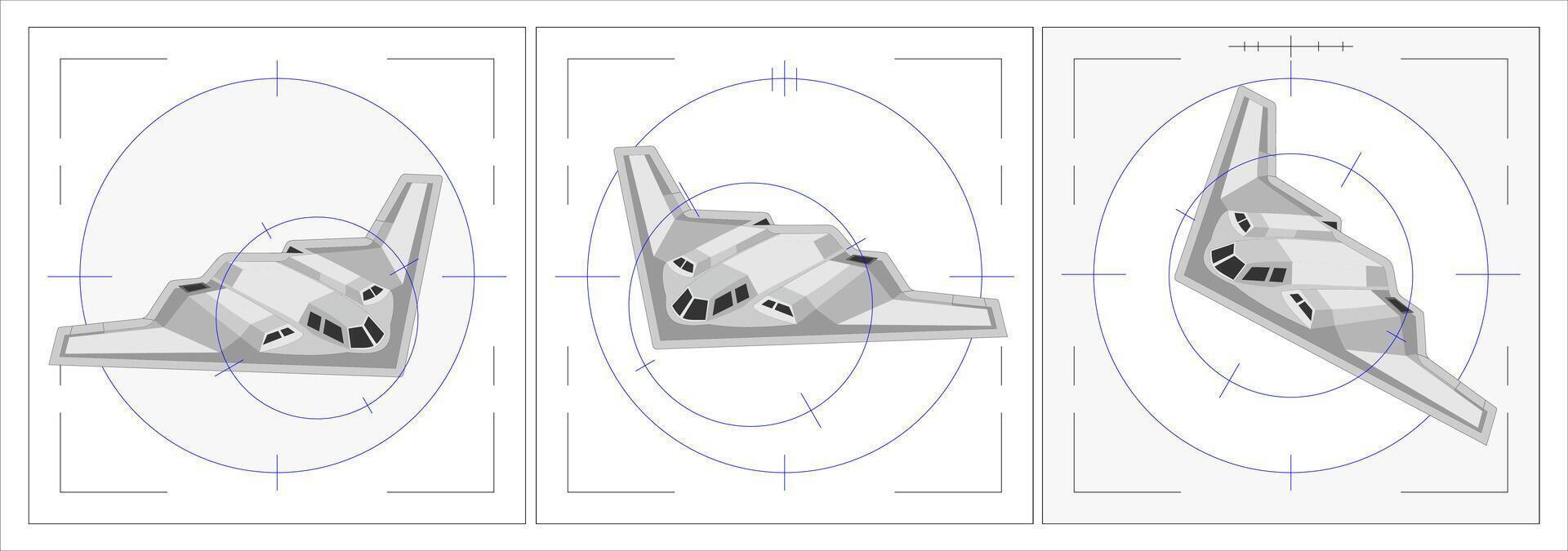 3D Angled of B2 Stealth Bomber. Isometric Military Aircraft, Illustration of B2 Stealth Bomber in Target Lock Scope. Futuristic Military Aircraft Top View with Combat Radar HUD Overlay vector