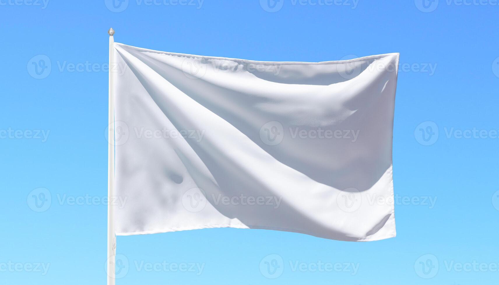 Minimalist white flag waving against clear blue sky, perfect for concepts of surrender, peace, neutrality, or branding mockups photo
