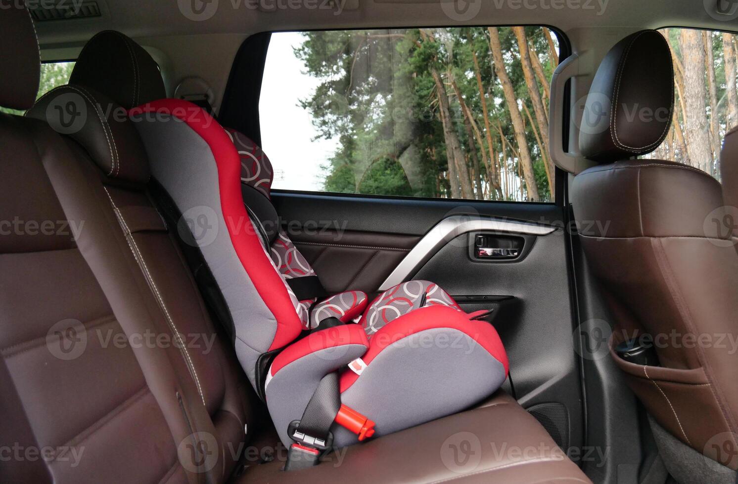 Side view of a child safety seat in the back seat of a premium car with leather interior photo
