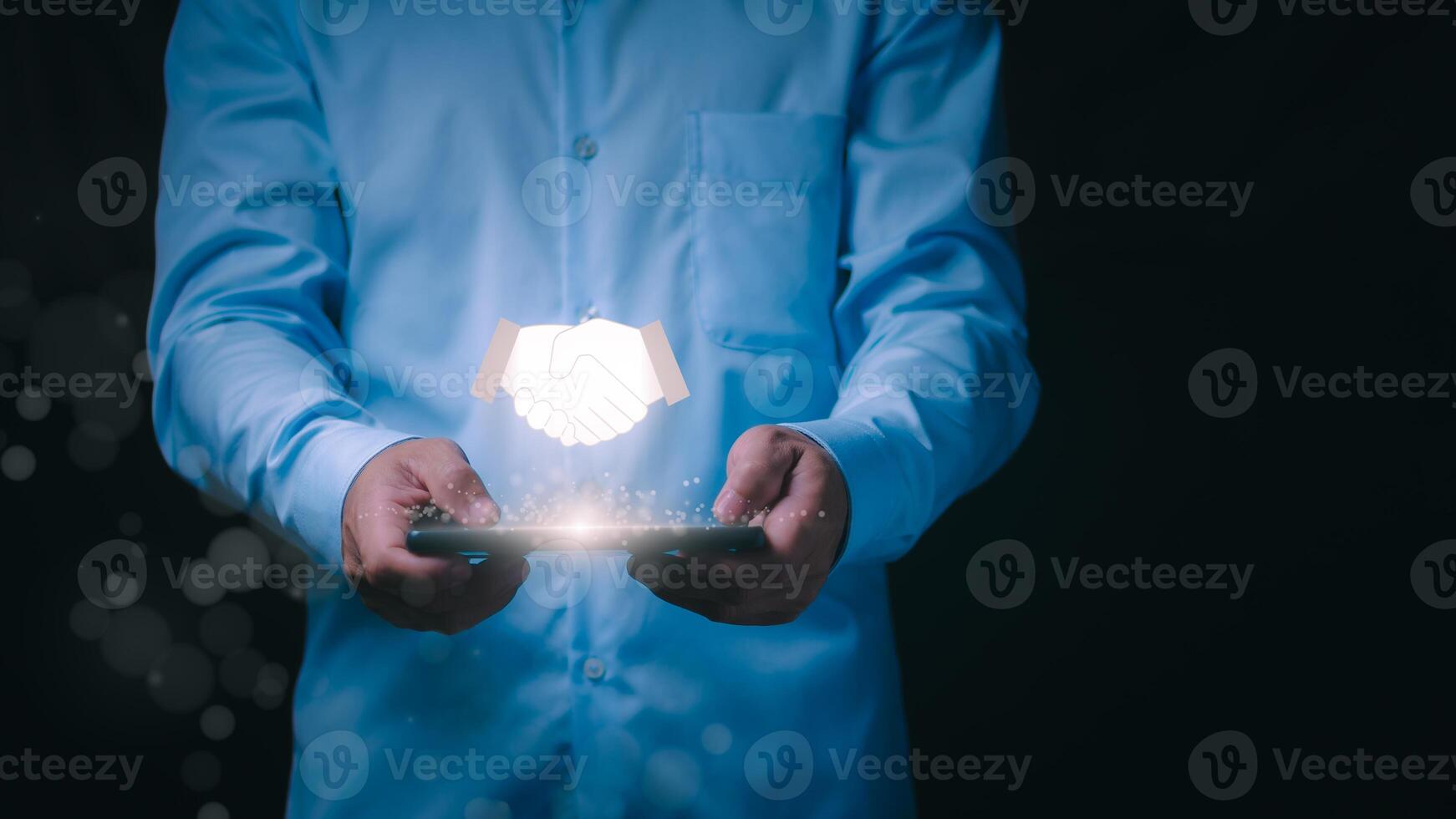 Concept of progress or success. Businessmen or traders show virtual cooperation or agreement and growth in business connectivity. photo