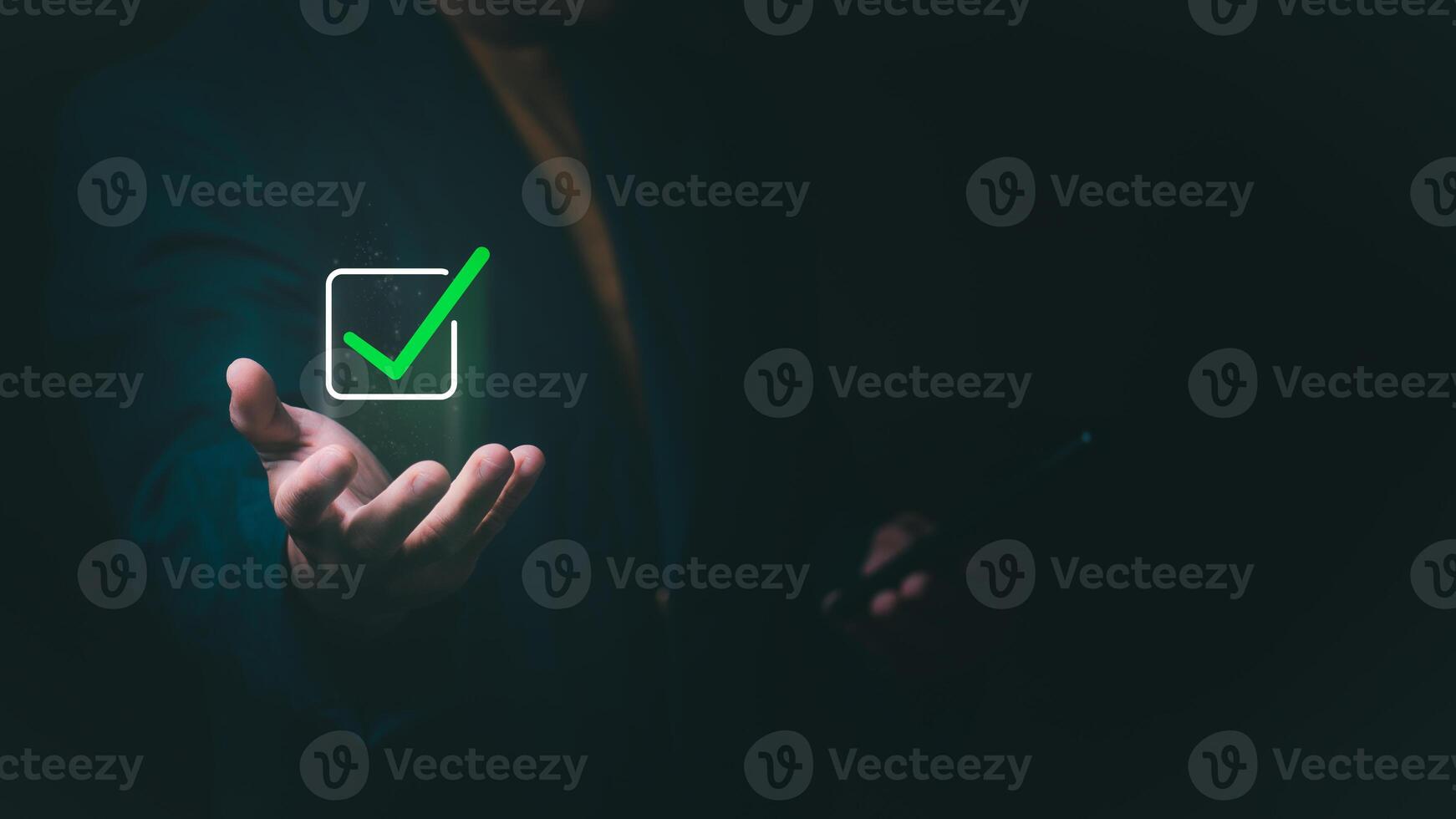 the Businessmen mark check blocks to verify the correctness and approve or accept the agreement. in digital documents Concept of working via the internet photo