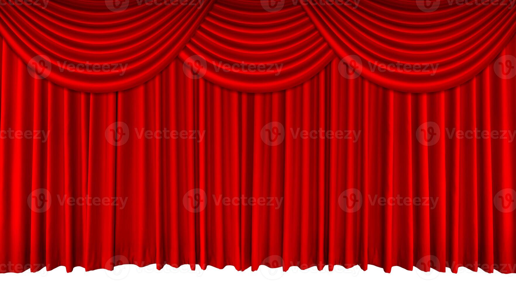 Red theater stage curtain, long top edge separated on white background. Velvet curtain for movie, concert or theater scene. photo