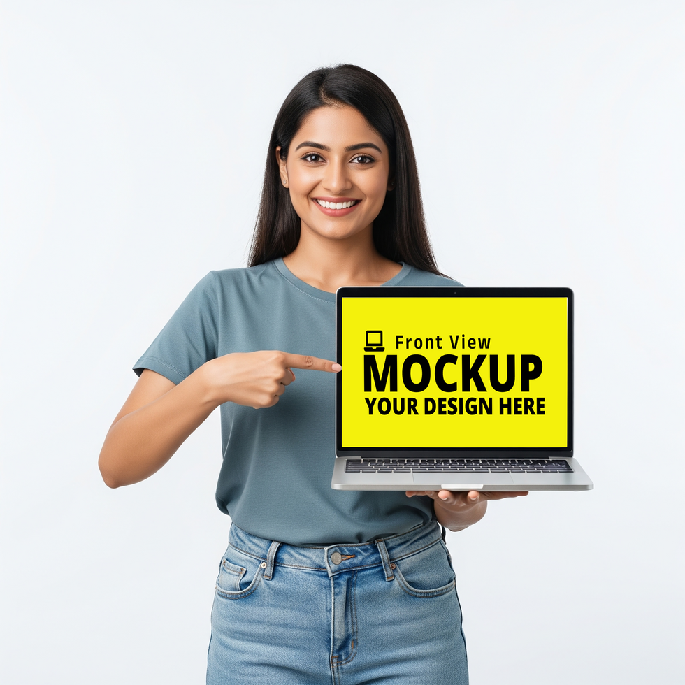 White Background Laptop Mockup with Male Model psd
