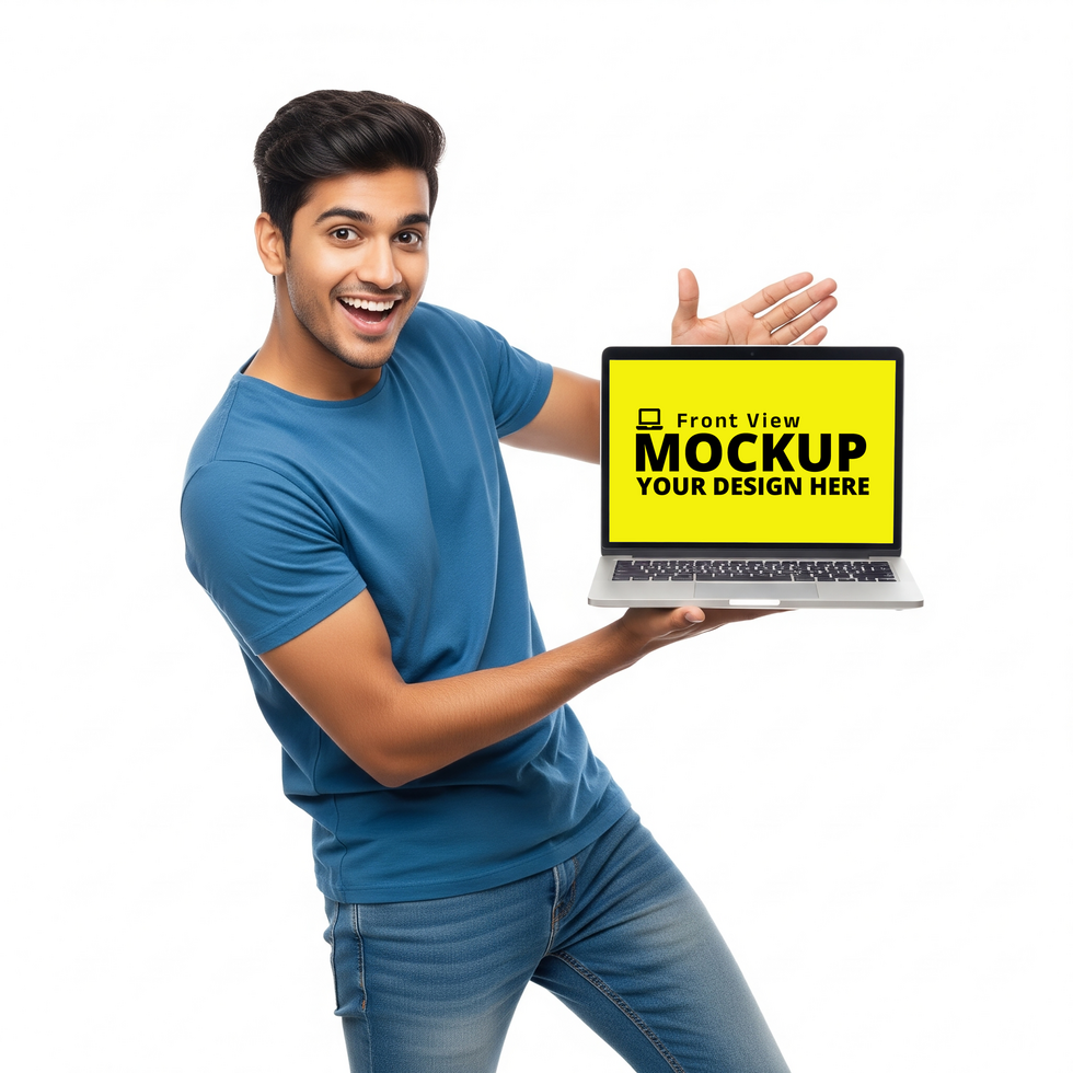 Blank Screen Laptop Mockup with Smiling Man psd