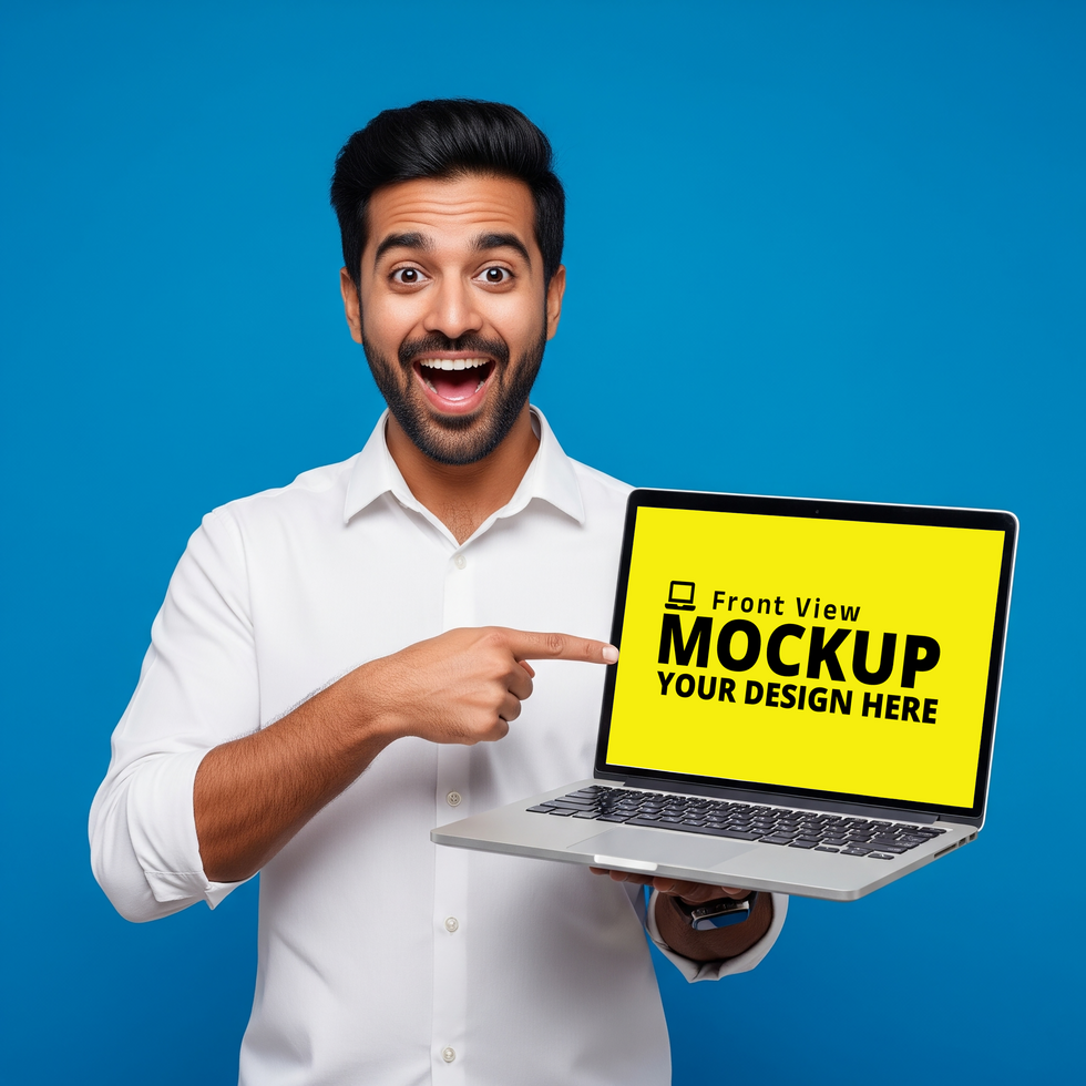 Excited Man Showing Empty Laptop Display Template psd