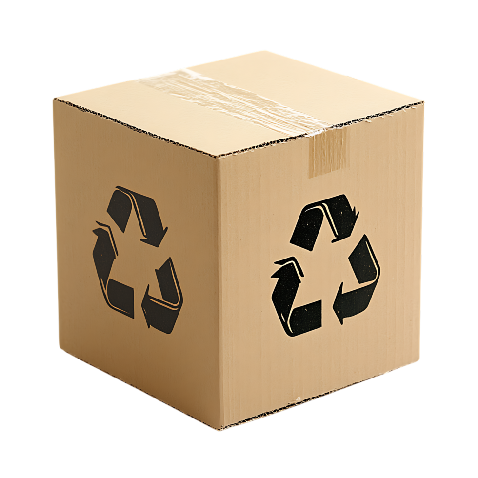 Cubic cardboard box with recycle symbol isolated on transparent background png