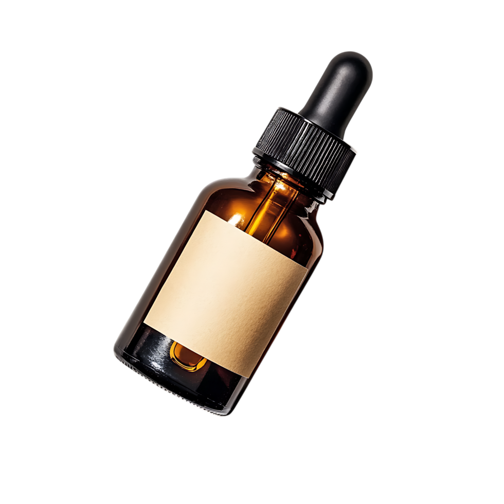 Amber glass dropper bottle with blank label isolated on a transparent background png