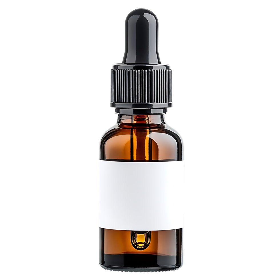 Amber glass dropper bottle with blank label isolated on a transparent png