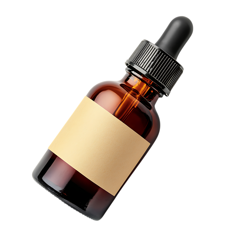 Amber glass dropper bottle with blank label isolated on png