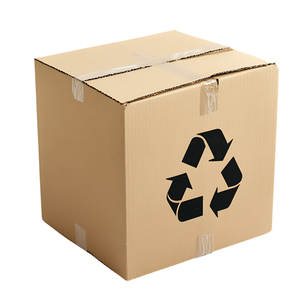 Sealed cardboard box with recycle symbol isolated on transparent background png