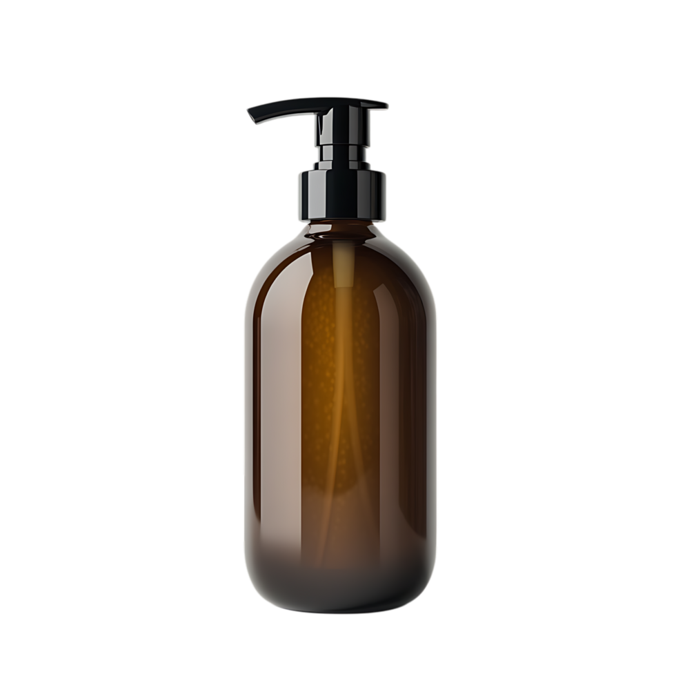 Amber glass pump bottle mockup isolated on a transparent background png