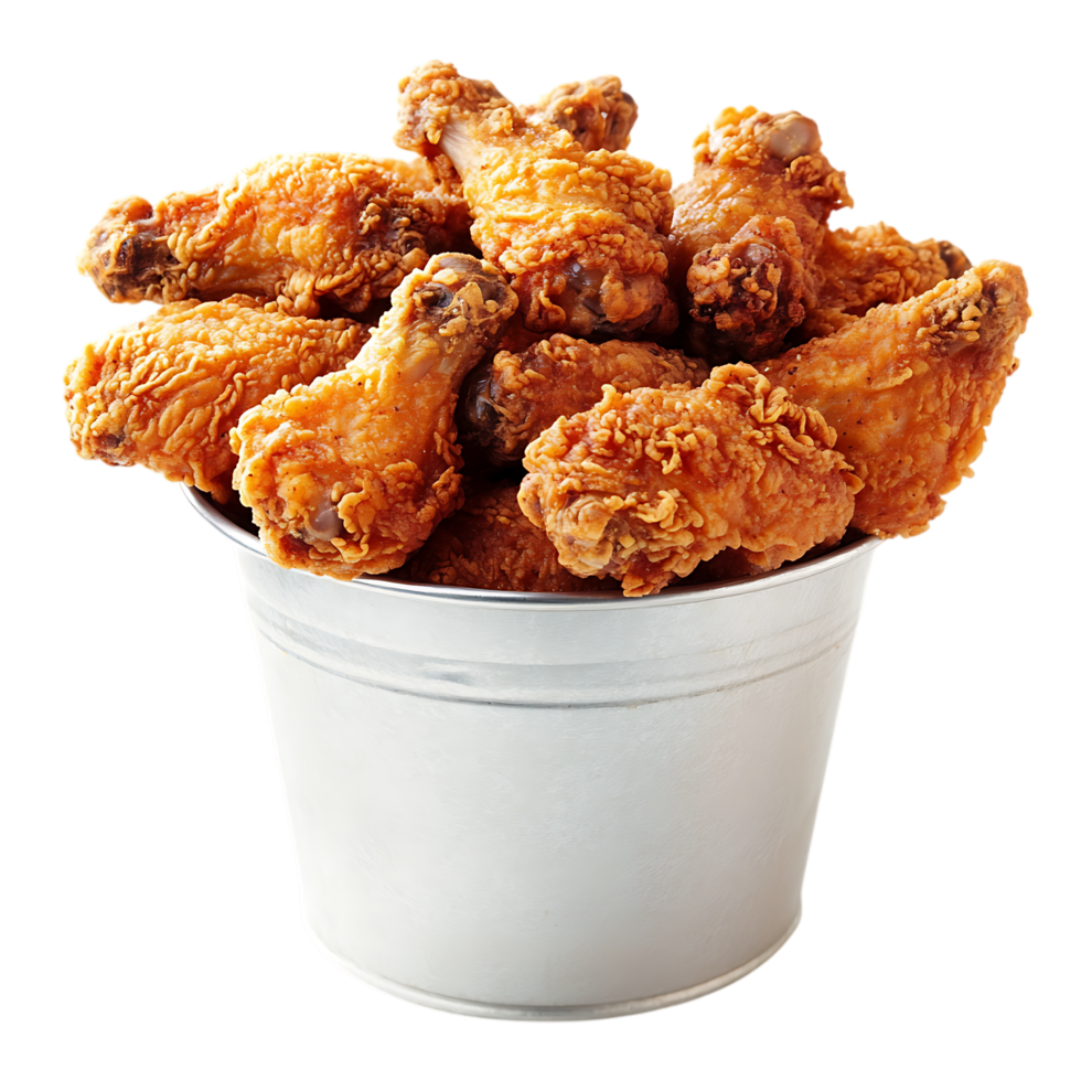 Crispy fried chicken wings in a metal bucket isolated on transparent background png