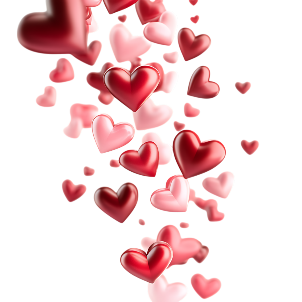 Falling 3d hearts red pink gradient isolated on transparent background png