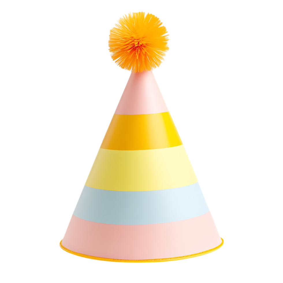Pastel striped party hat with orange pom pom isolated on transparent background png