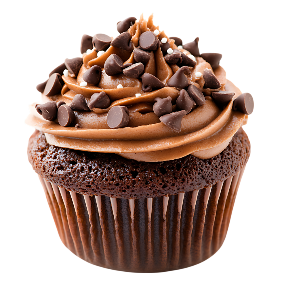 Decadent chocolate cupcake topped with rich frosting and chocolate chips isolated on transparent background png