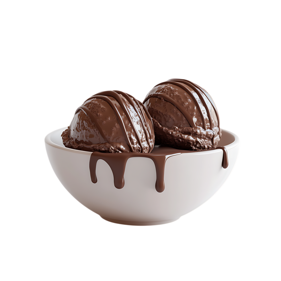 Two scoops of rich chocolate ice cream with chocolate syrup in a white bowl isolated on transparent background png