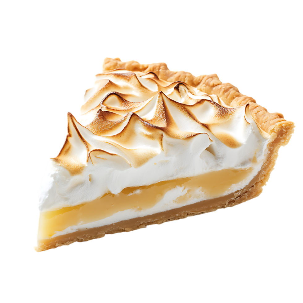 A delicious slice of lemon meringue pie with golden brown toasted meringue isolated on transparent background png