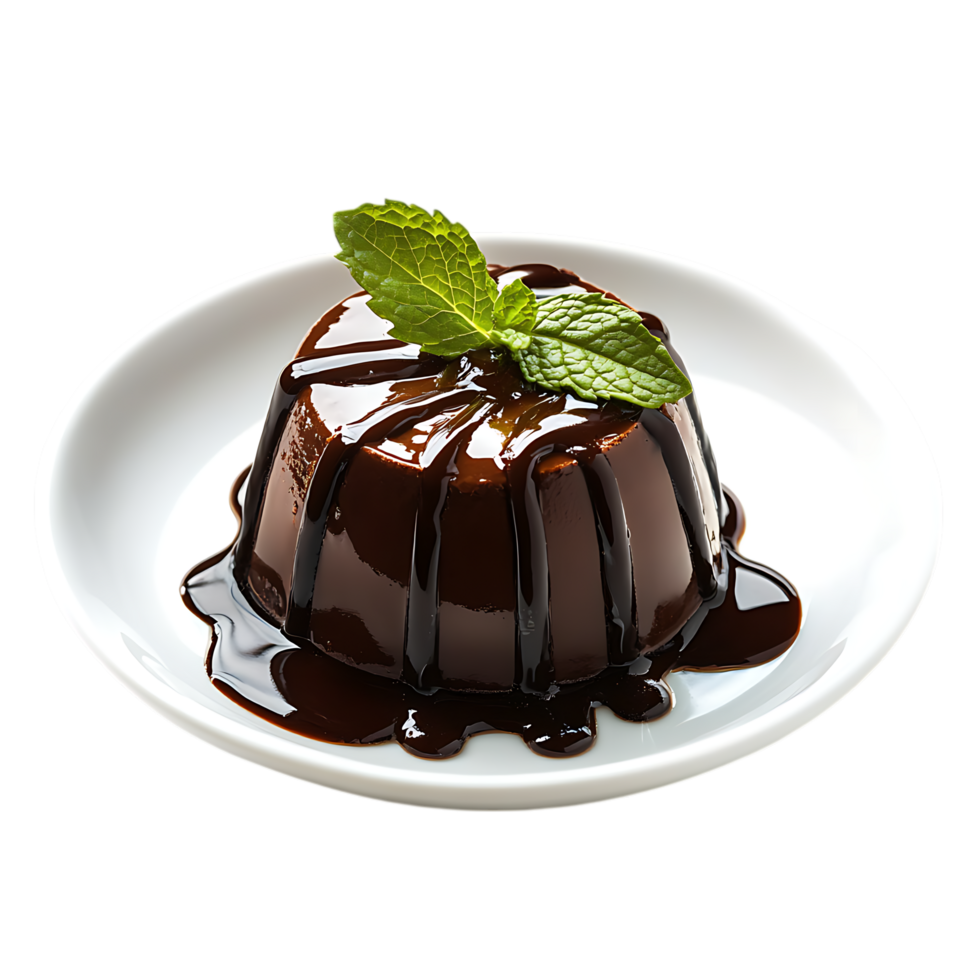 Decadent chocolate panna cotta with fresh mint garnish isolated on transparent background png