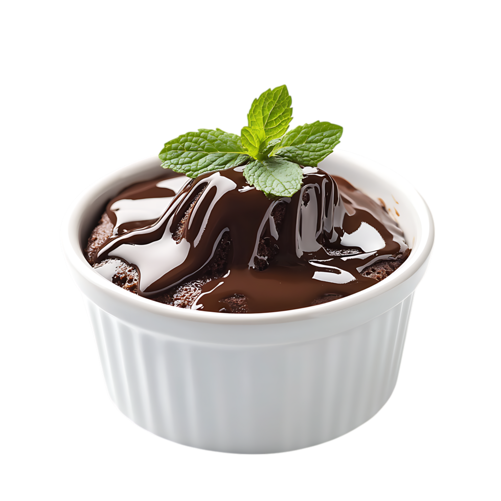 Decadent chocolate lava cake with rich chocolate sauce and fresh mint isolated on transparent background png