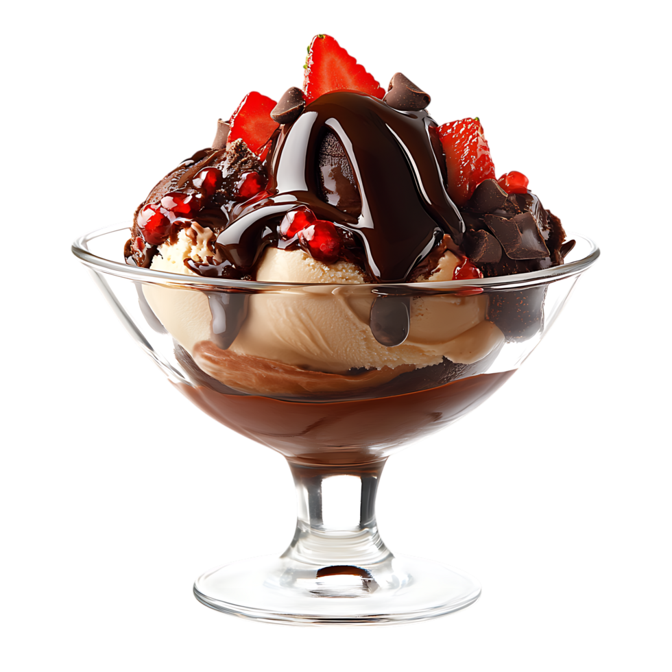 Decadent chocolate ice cream sundae with strawberries and chocolate chunks isolated on transparent background png