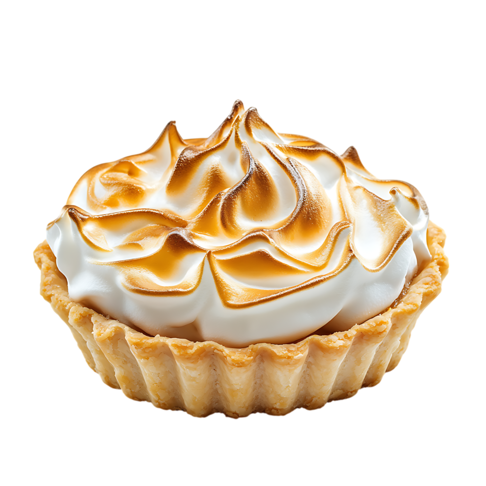 Delicious lemon meringue tart with toasted meringue peaks isolated on transparent background png