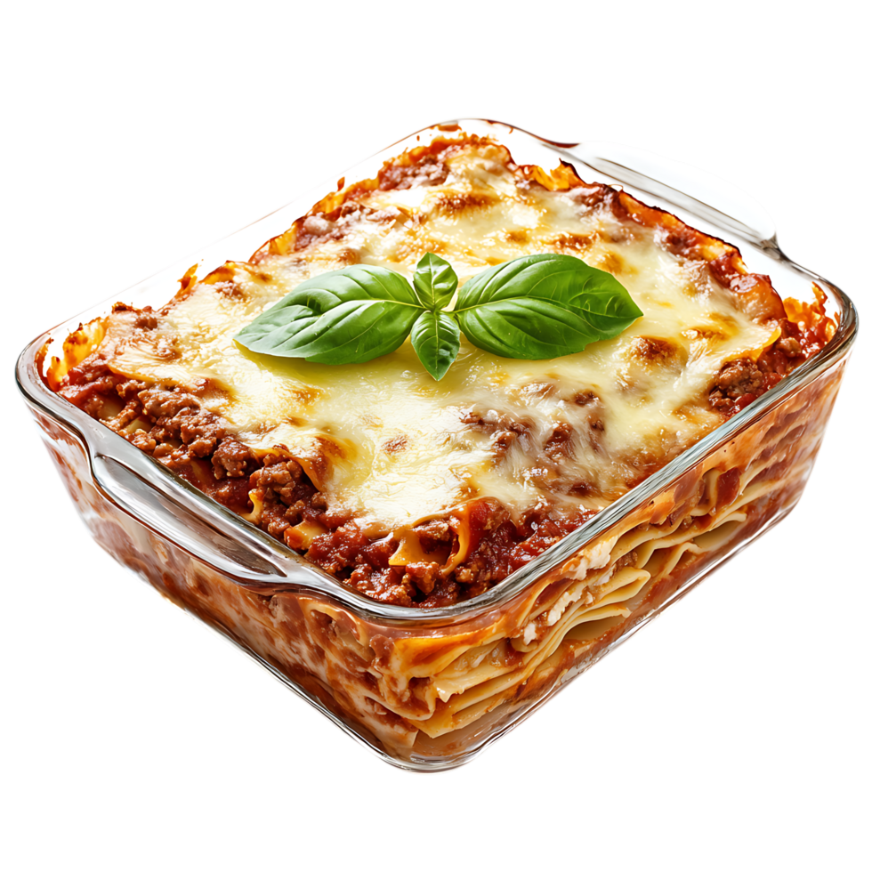 Delicious homemade lasagna with melted cheese and fresh basil isolated on transparent background png