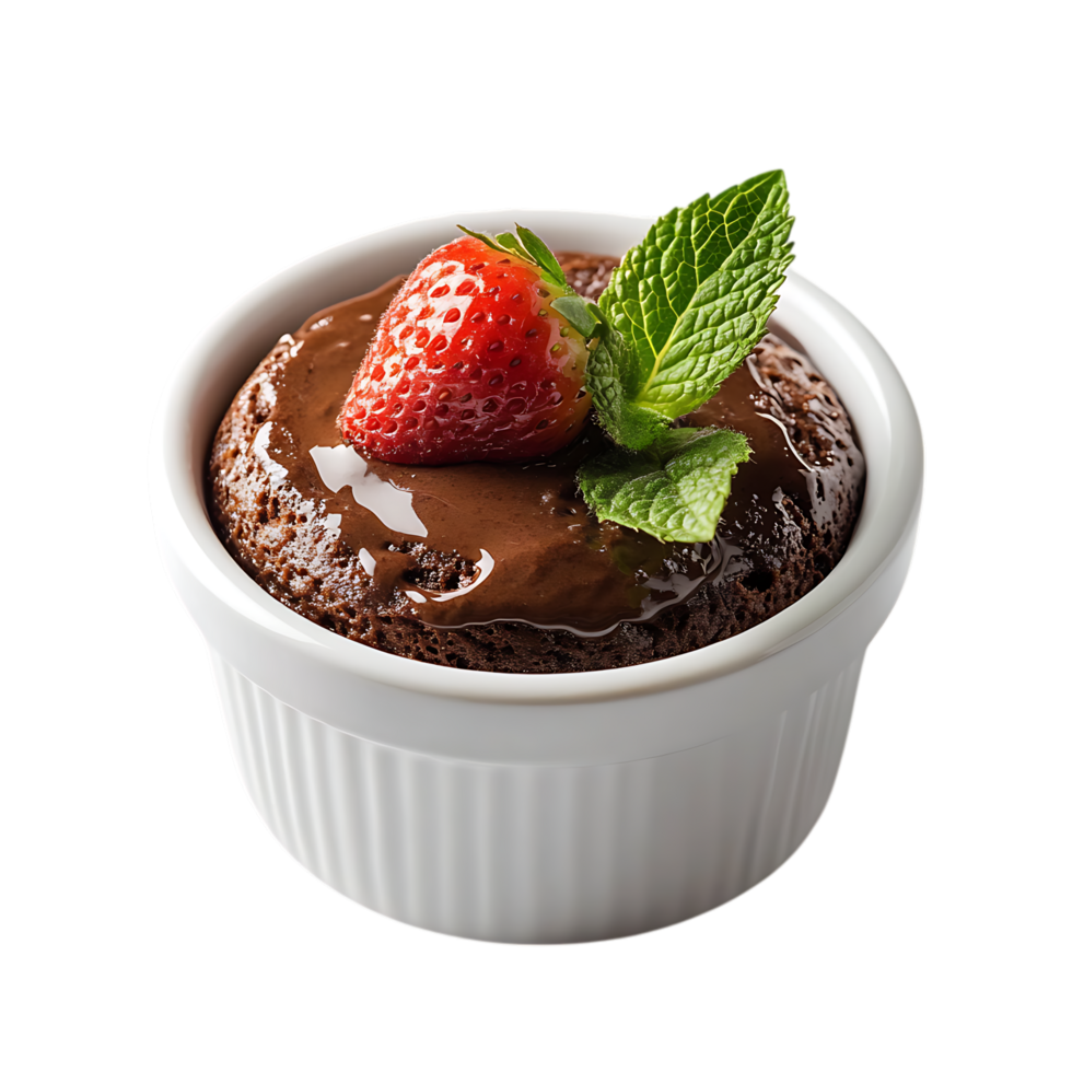 Decadent chocolate lava cake with strawberry and mint isolated on transparent background png