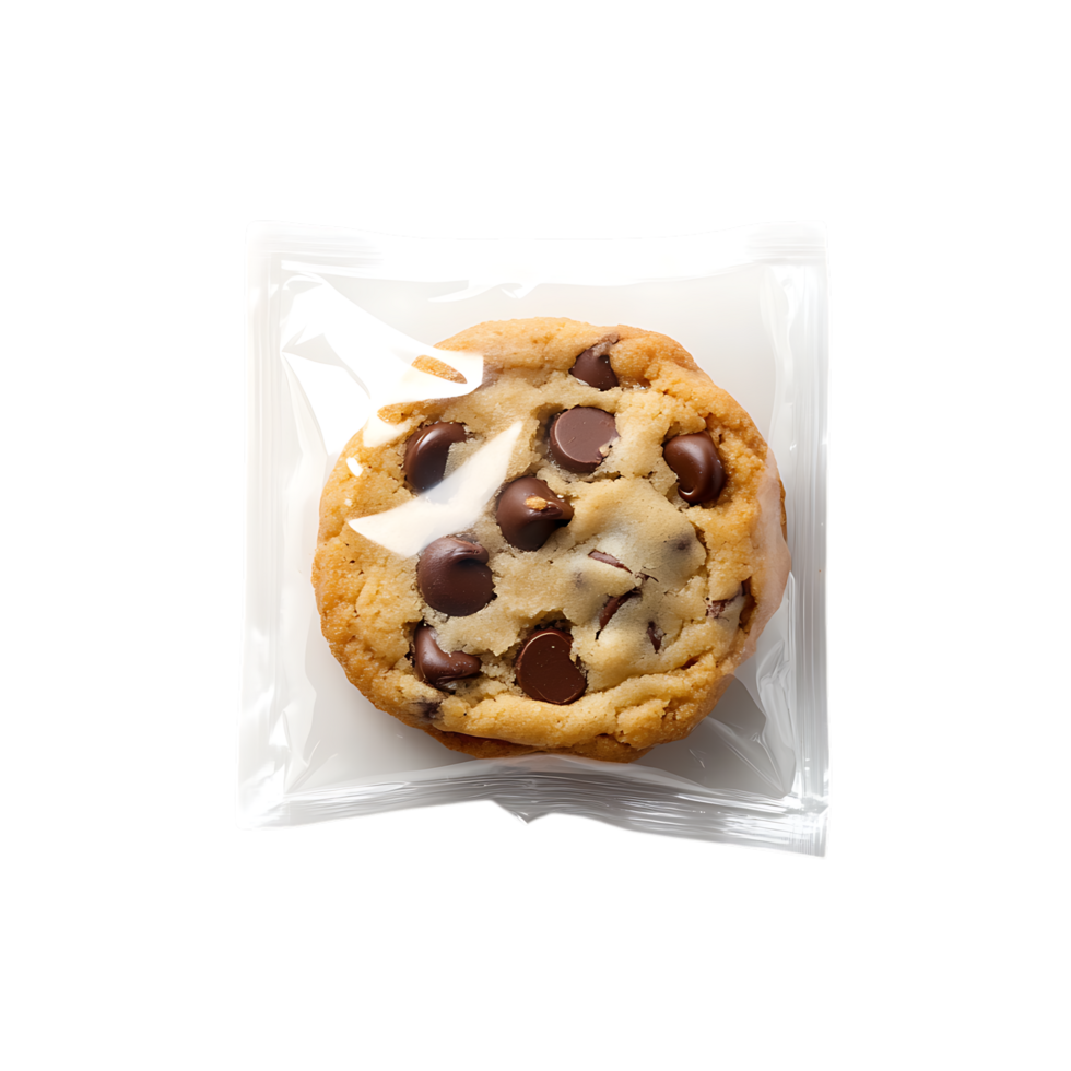 Delicious chocolate chip cookie individually wrapped in clear plastic packaging isolated on transparent background png