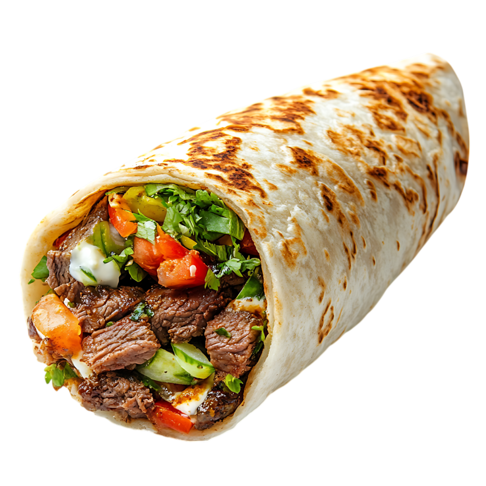 Juicy beef shawarma wrap filled with fresh vegetables and sauce isolated on transparent background png