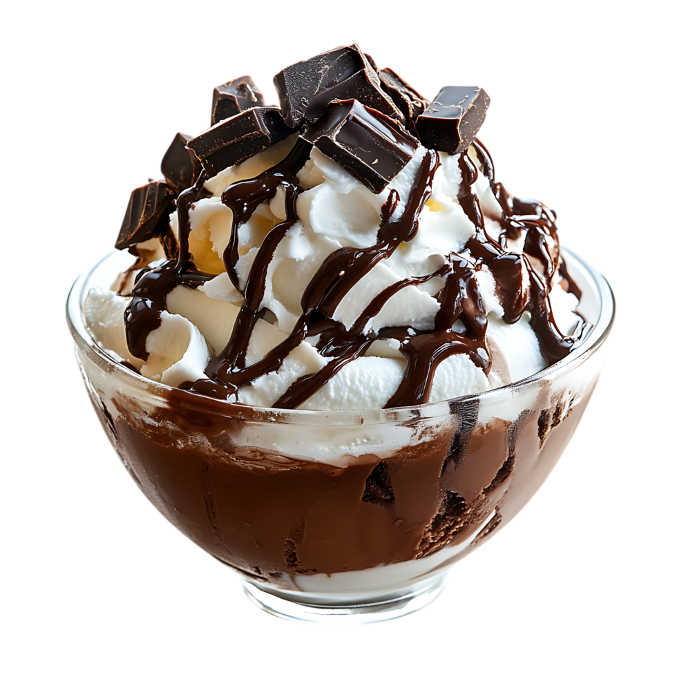 Delicious chocolate ice cream sundae with whipped cream and chocolate shards isolated on transparent background png