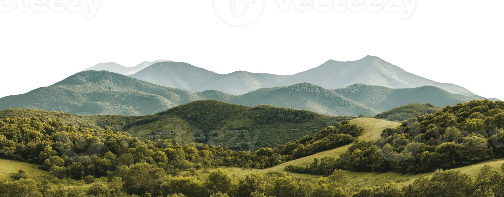 Panoramic view of lush green rolling hills and mountain ranges isolated on transparent background png