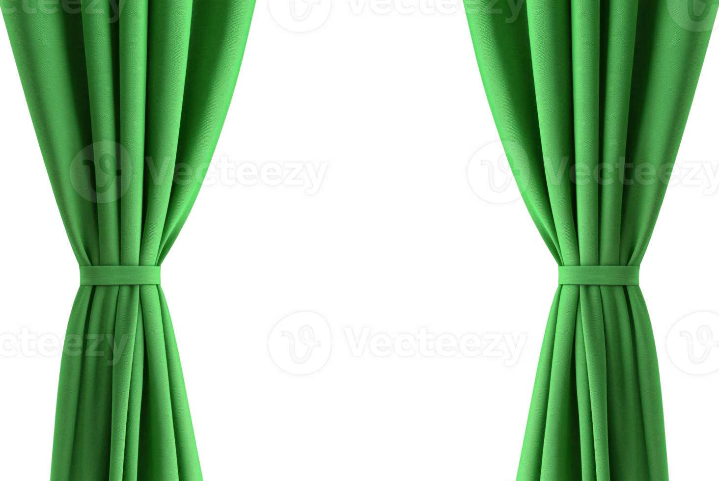 Green curtains tied and pulled open, isolated on transparent background png