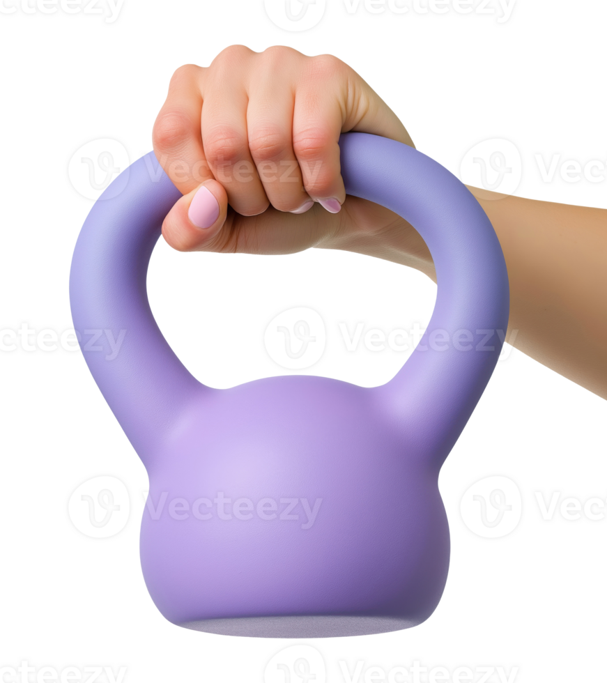Female hand gripping a purple kettlebell, isolated on a transparent background png